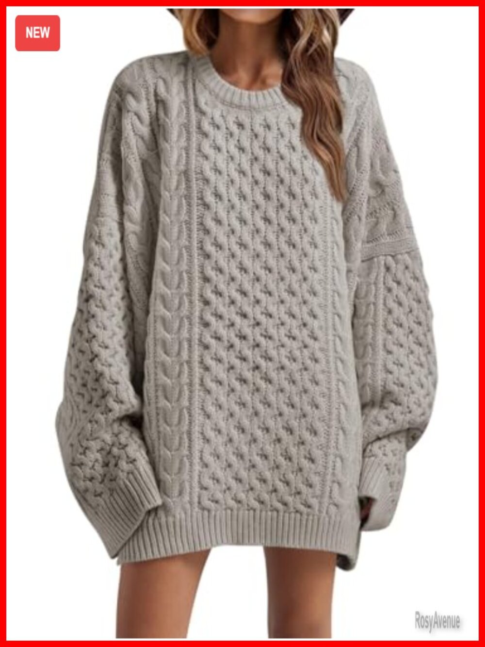 Oversized Chunky Cable Knit Tunic Sweater Crewneck Long Sleeve